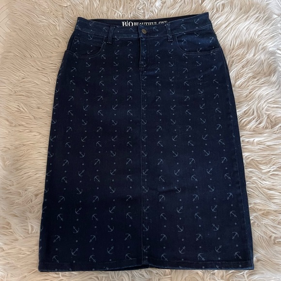 Beautiful One | Anchor Print | Denim Midi Skirt - Picture 2 of 9